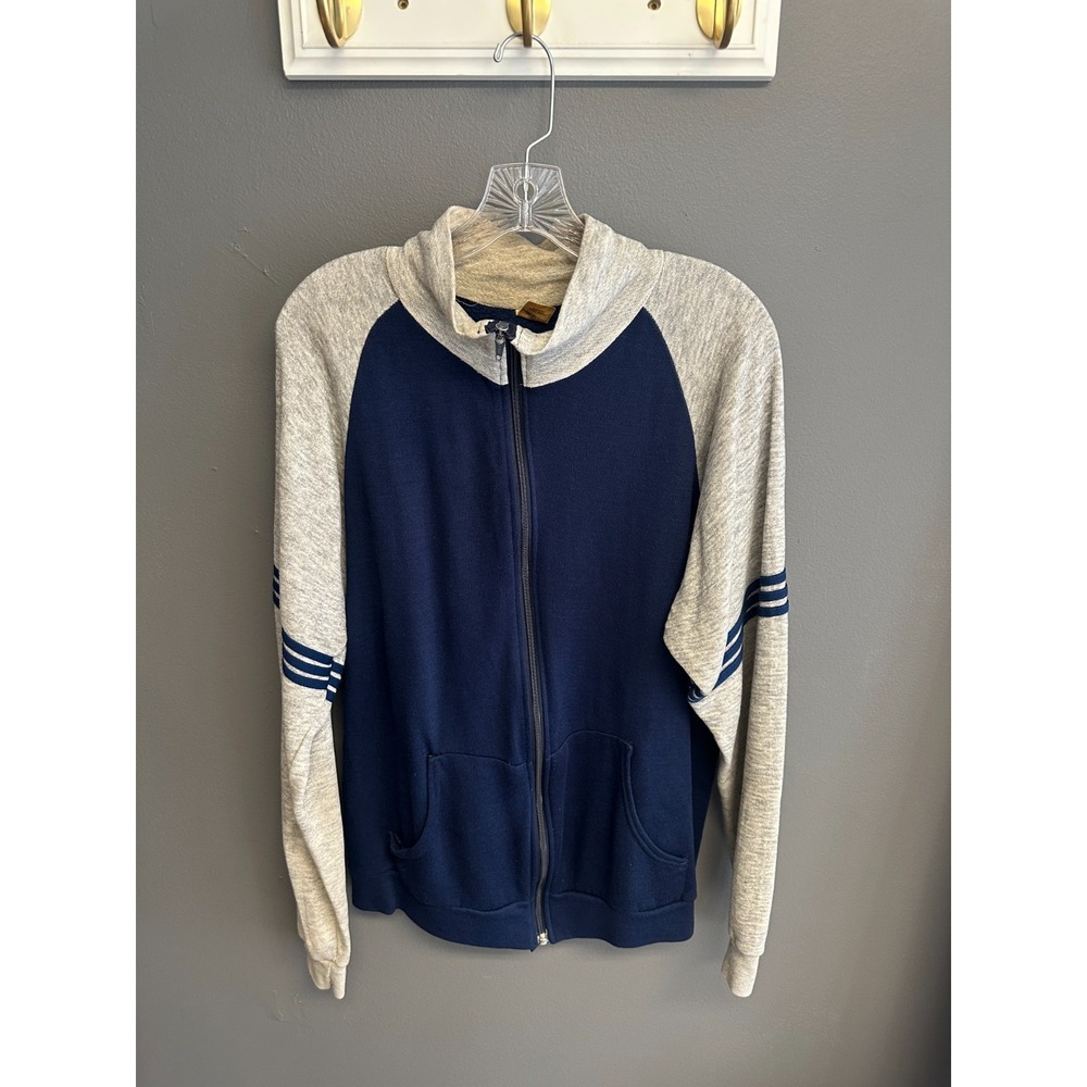 Vintage 70s Warm Up Womens Size Large Retro Track Jacket Navy Gray Stripe‎ Zip